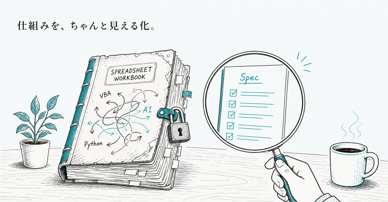 属人化したExcelマクロをAIで解析するイメージ。罠と絡まった矢印だらけの古い表計算ブックに南京錠がかかり、虫眼鏡で見ると整理された仕様書チェックリストが現れる線画イラスト