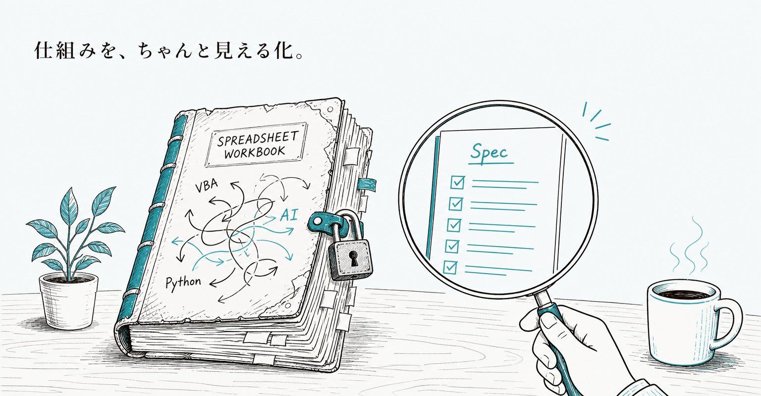 属人化したExcelマクロをAIで解析するイメージ。罠と絡まった矢印だらけの古い表計算ブックに南京錠がかかり、虫眼鏡で見ると整理された仕様書チェックリストが現れる線画イラスト