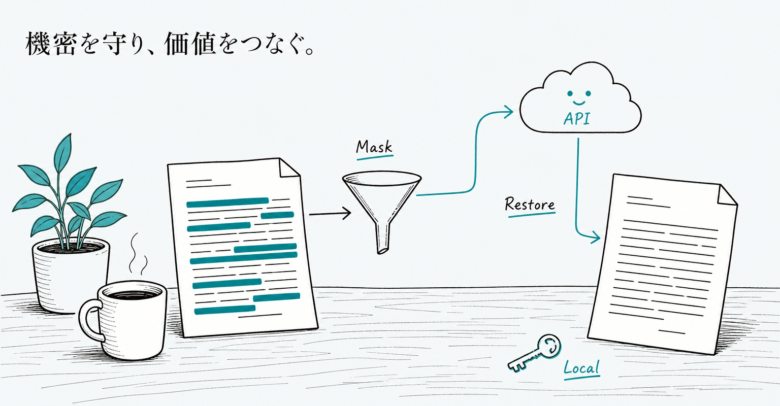 個人情報を伏せ字にしてから Claude API に送り、手元の対応表（鍵）で復元する個人情報マスキングの流れを描いたアイキャッチ