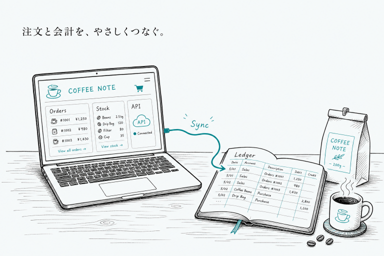EC受注・在庫の二重管理をWooCommerce在庫連携で自動化する記事のアイキャッチ。ノートPCの注文・在庫・API画面がSyncで台帳ノートに同期される手描きイラスト